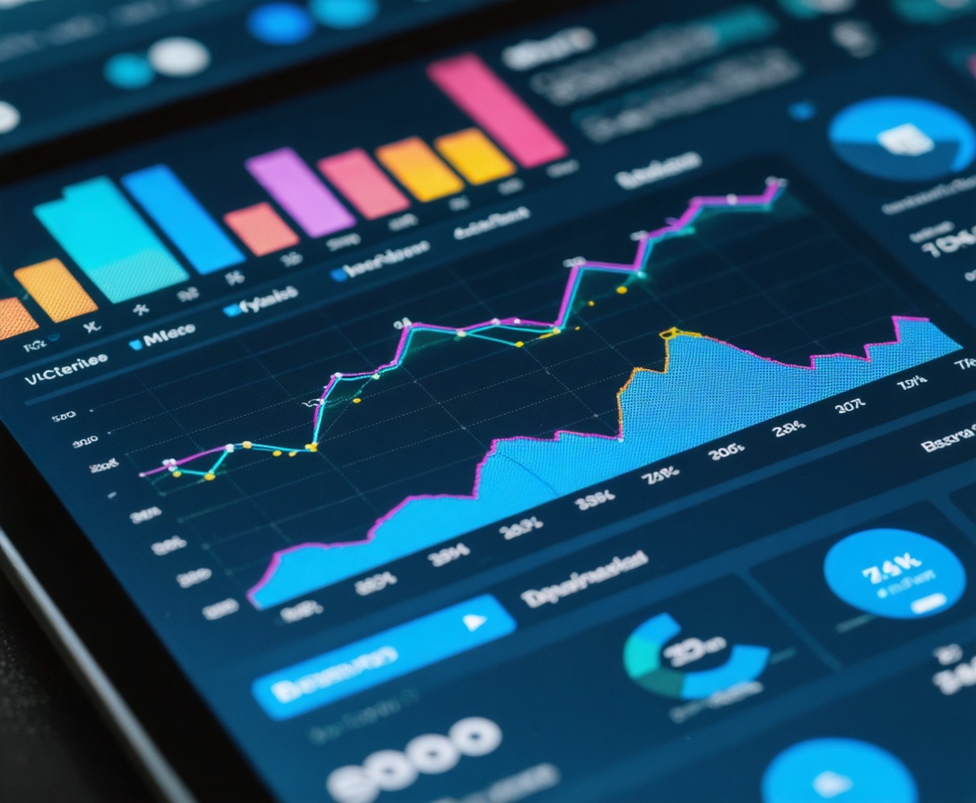 Detail obrazovky s farebnými grafmi rastu a analytikou