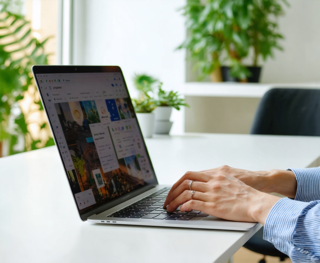 Osoba píšuca na notebooku v presvetlenej miestnosti