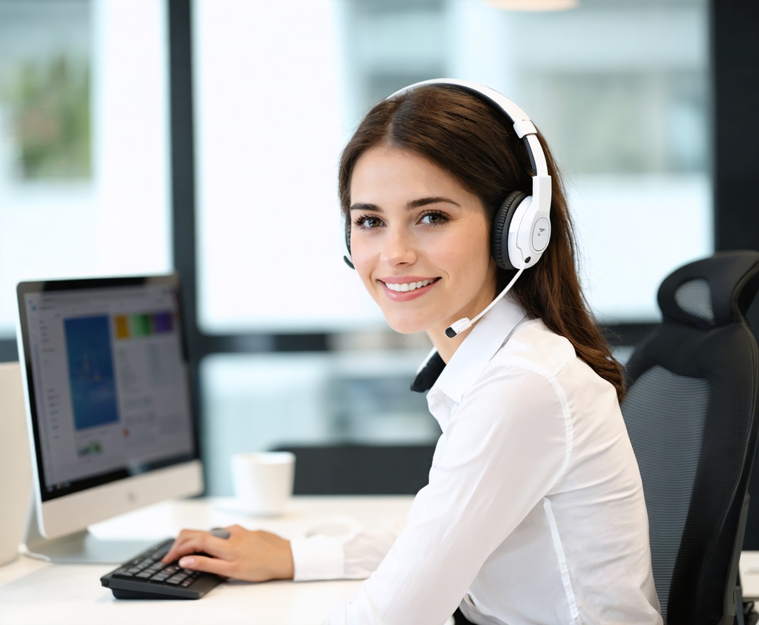 Pracovníčka zákazníckej podpory s headsetom v čistom kancelárskom prostredí