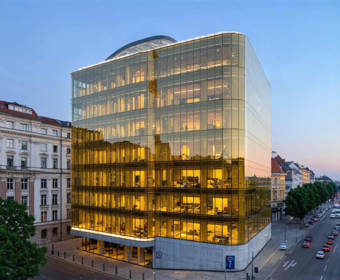 Pohľad na modernú sklenenú architektúru Nivy Tower v Bratislave počas zlatej hodinky