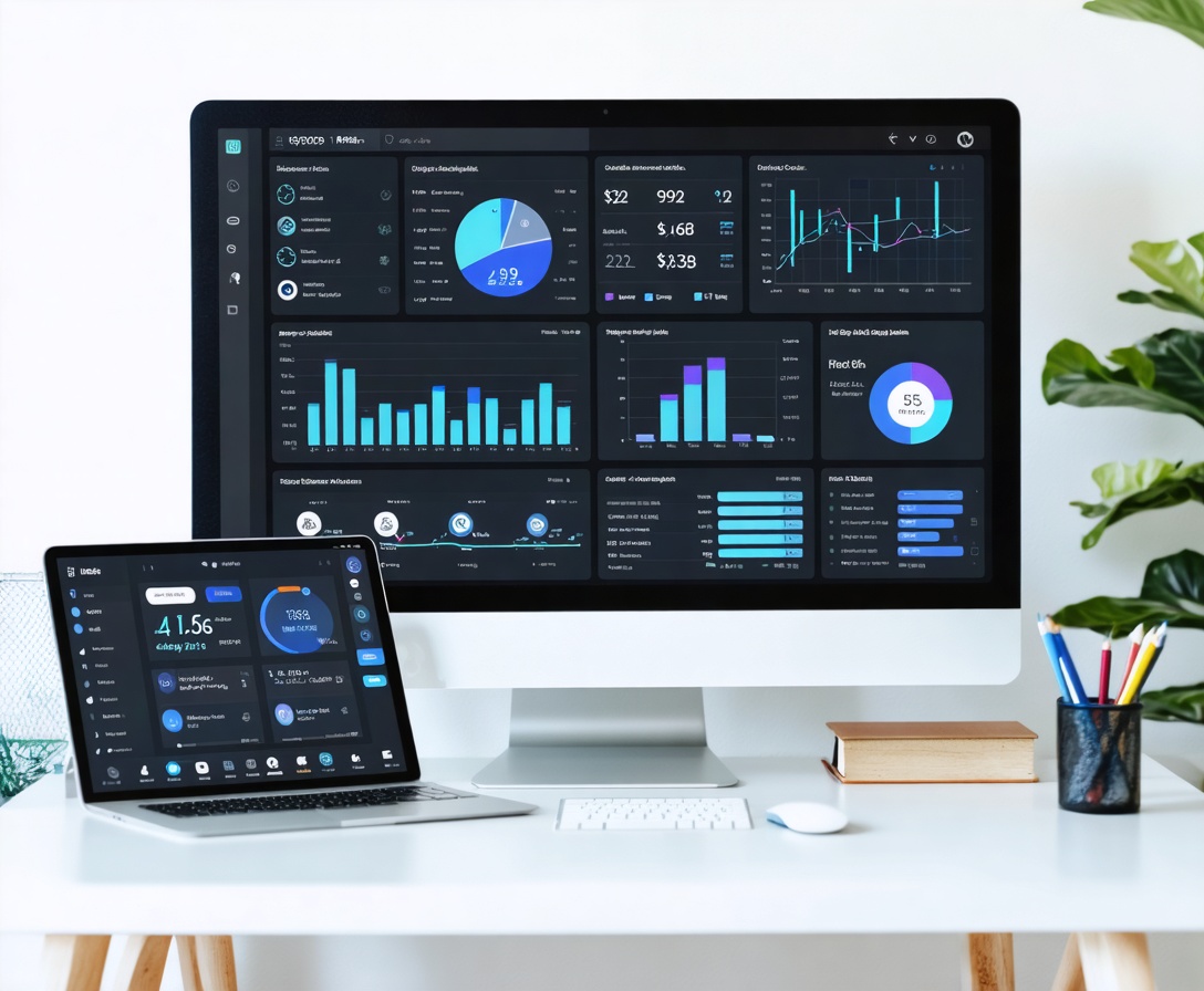 Záber na monitor so štatistikami rastu, grafmi a notebookom počas štúdia online kurzu Rastového Jadra