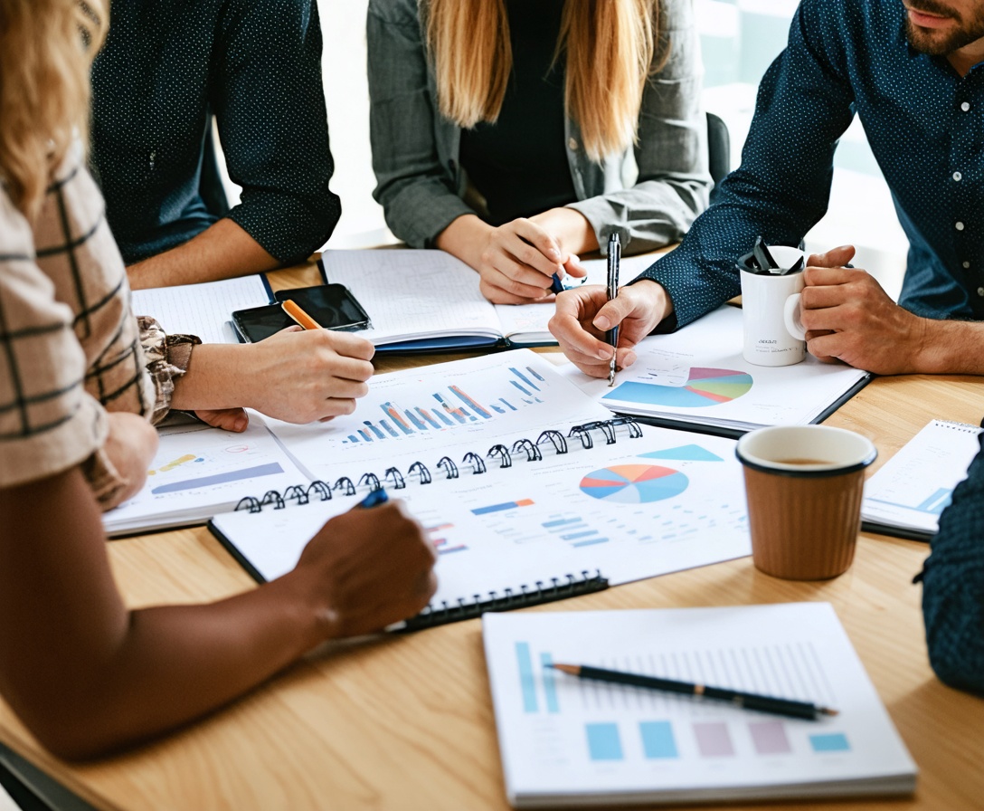 Tím Rastového Jadra počas brainstormingového stretnutia v moderne zariadenej kancelárii v Nivy Tower